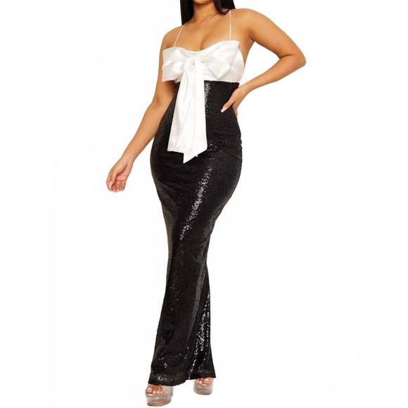 NEW SYMPHONY sequin body with satin bow bust evening gown in white/black - Picture 2 of 4